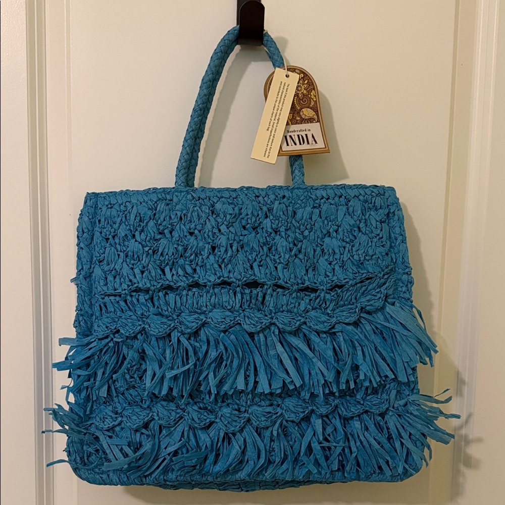 Blue Fringe Raffia Tote Bag
